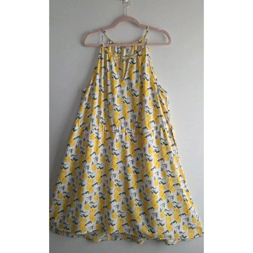Pixley Lemon Print Halter Keyhole Midi Dress Yellow Cottagecore Whimsy Size 2X